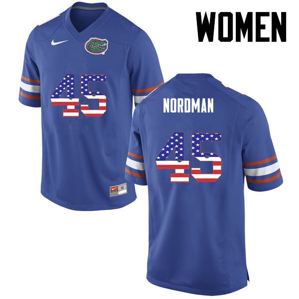 Florida Gators Women #45 Charles Nordman College Football Jersey USA Flag Fashion Blue